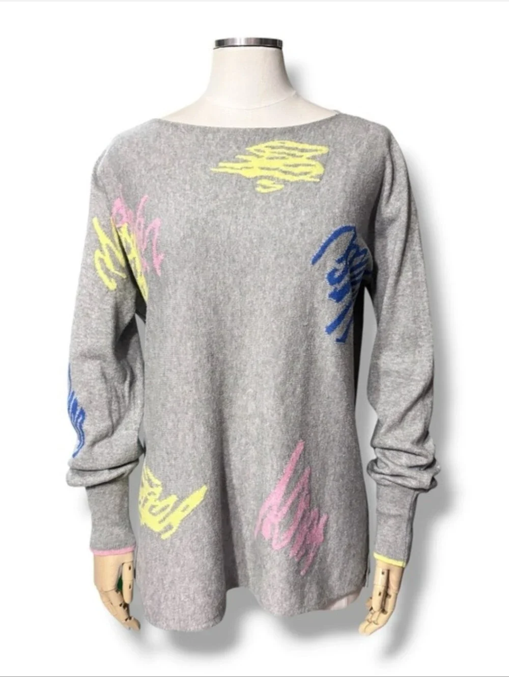 ZAKET & PLOVER Grey Cashmere Blend Abstract Scribble Boatneck Pullover Sweater